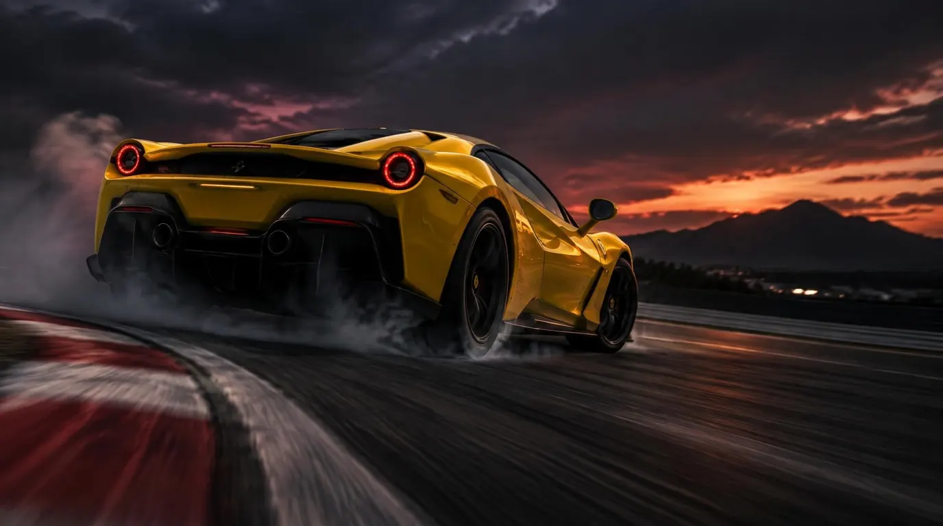 Supercar gialla in accelerazione in uscita di curva su pista al tramonto